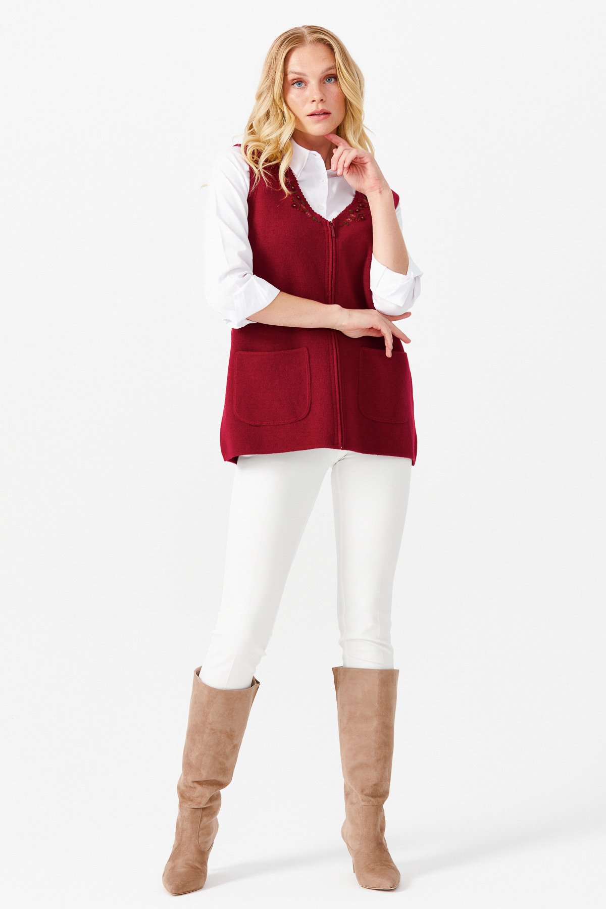 22191Женский шерстяной жилет с круглым вырезом отделкой на кармане, вишневый 