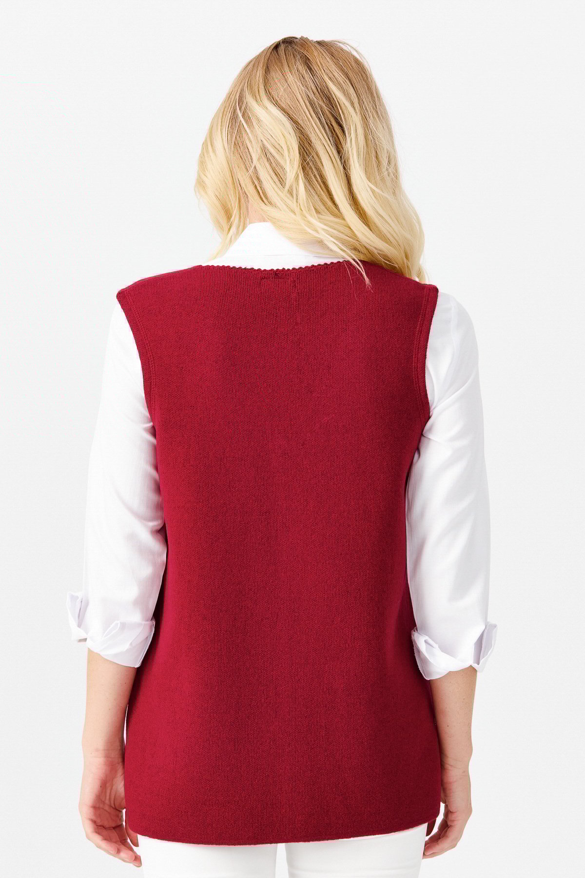 22191Женский шерстяной жилет с круглым вырезом отделкой на кармане, вишневый 