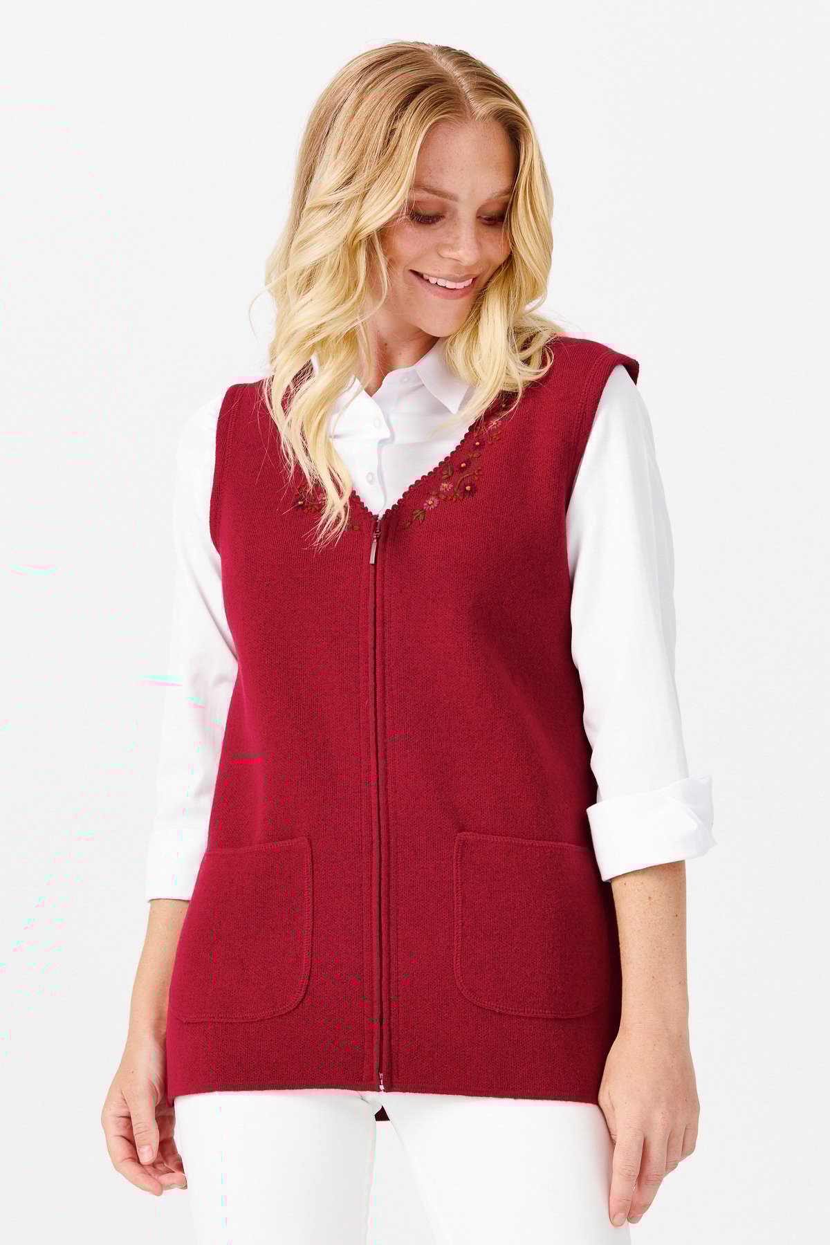 22191Женский шерстяной жилет с круглым вырезом отделкой на кармане, вишневый 