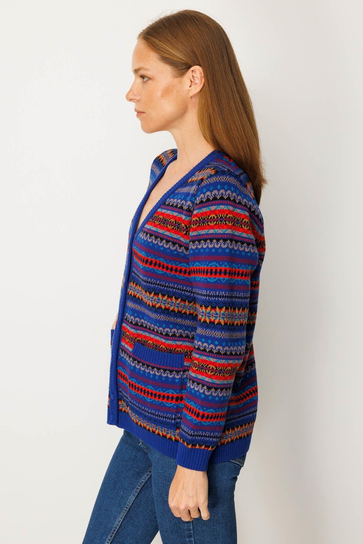 25101Kadın V Yaka Jakarlı Yün Hırka K.S.Mavi