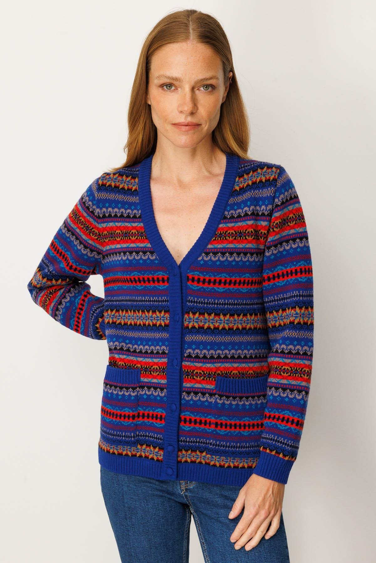 25101Kadın V Yaka Jakarlı Yün Hırka K.S.Mavi