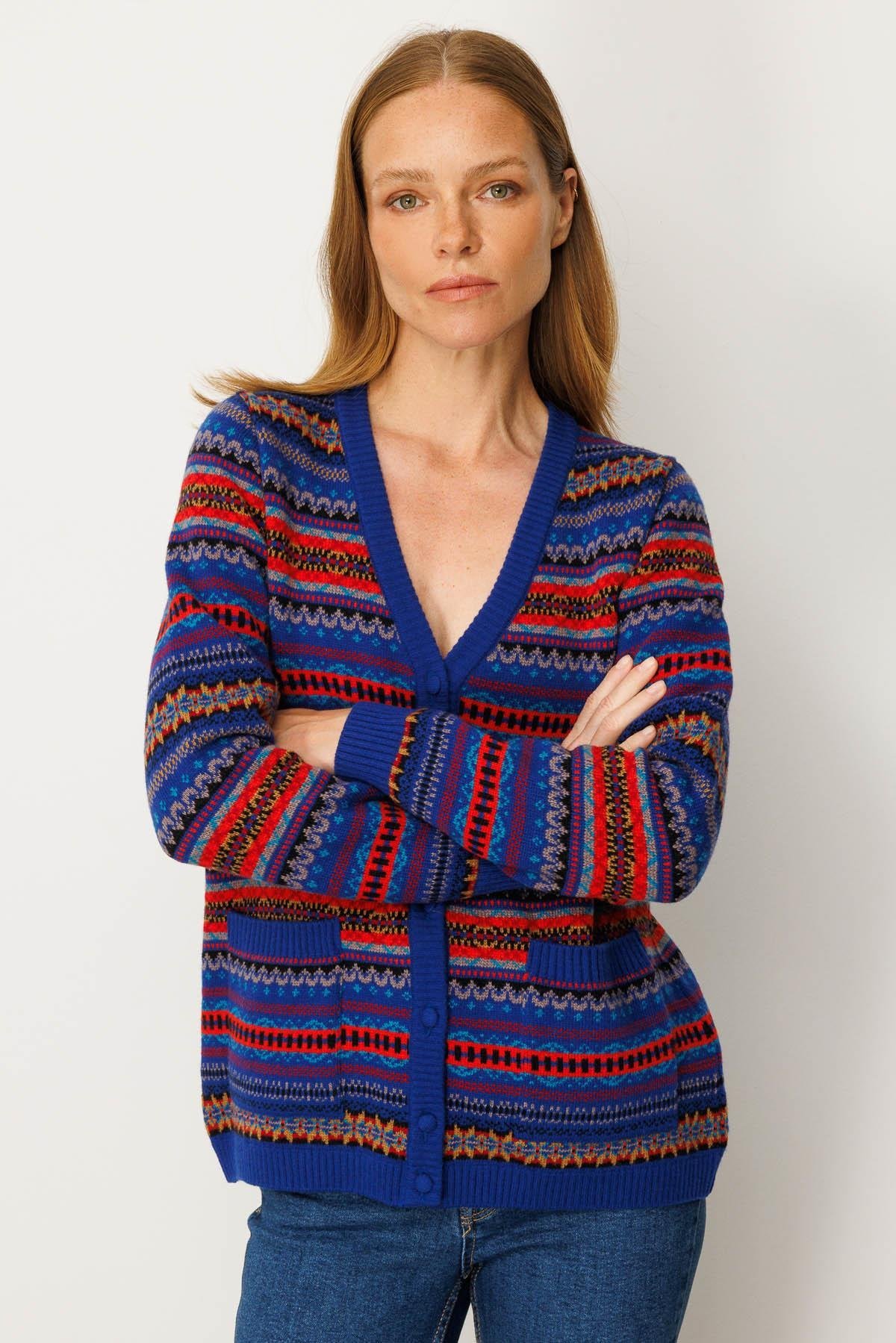 25101Kadın V Yaka Jakarlı Yün Hırka K.S.Mavi