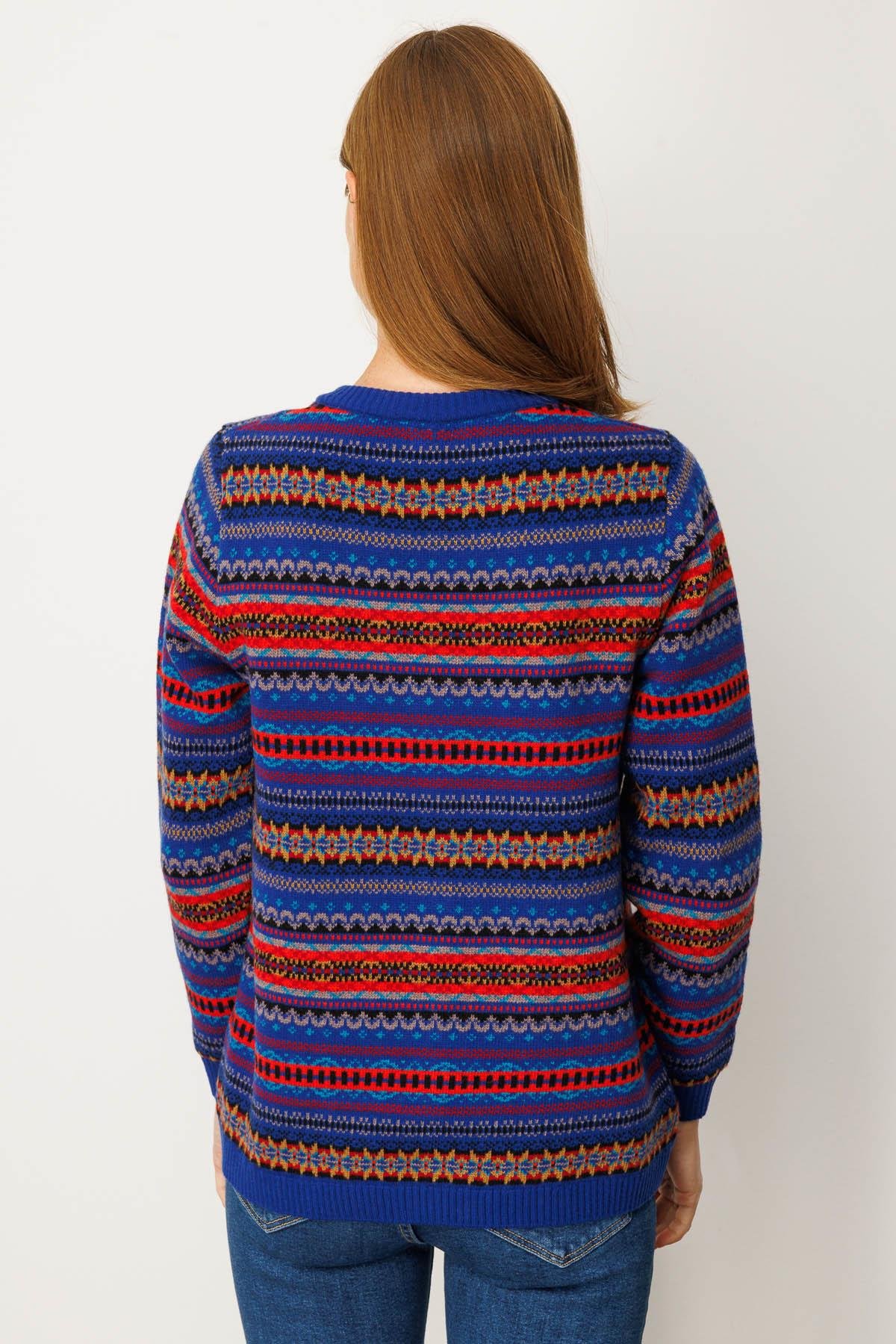 25101Kadın V Yaka Jakarlı Yün Hırka K.S.Mavi