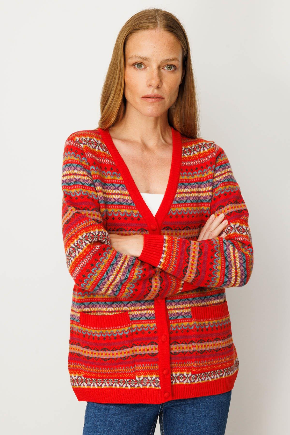 25101Kadın V Yaka Jakarlı Yün Hırka Mercan