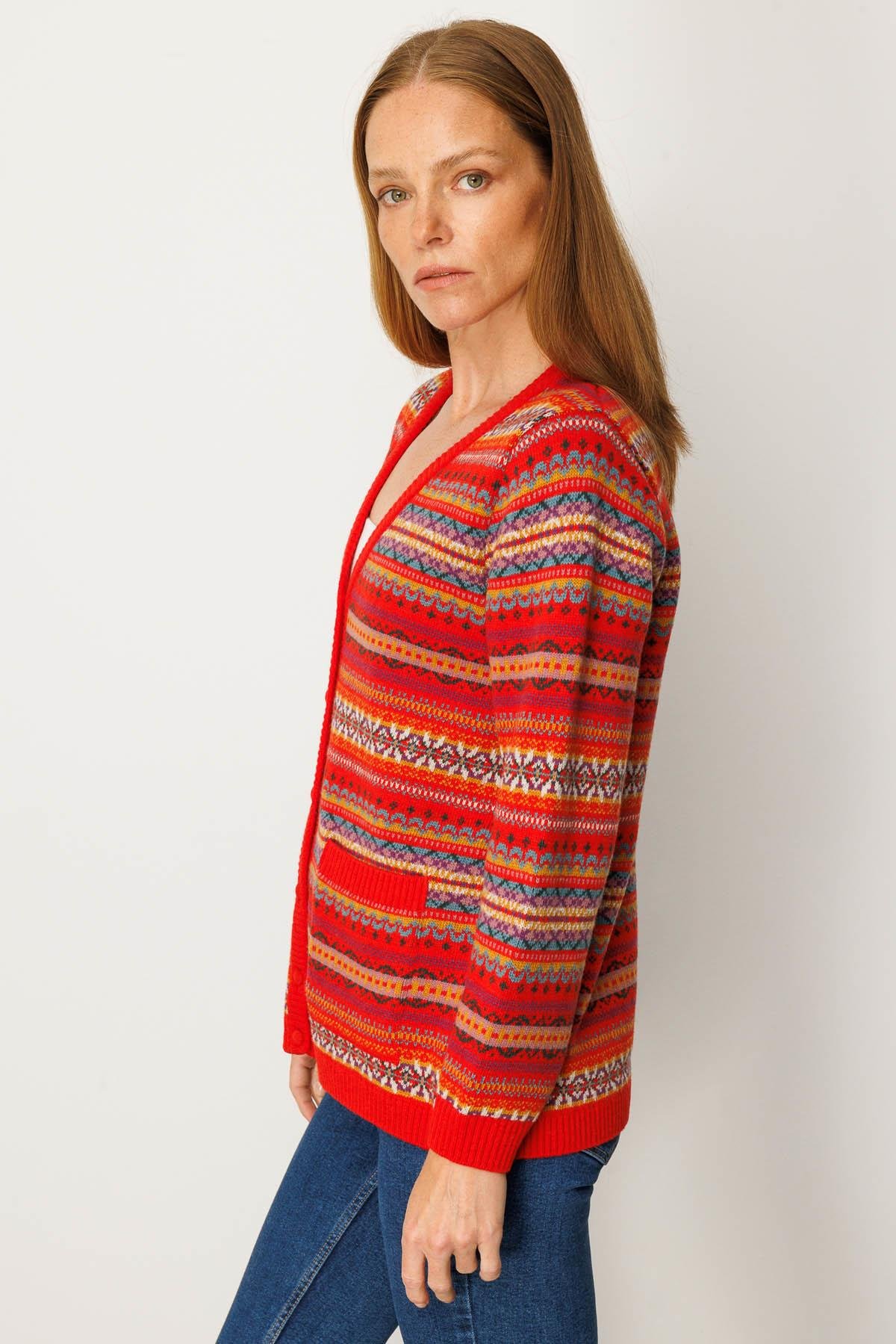 25101Kadın V Yaka Jakarlı Yün Hırka Mercan