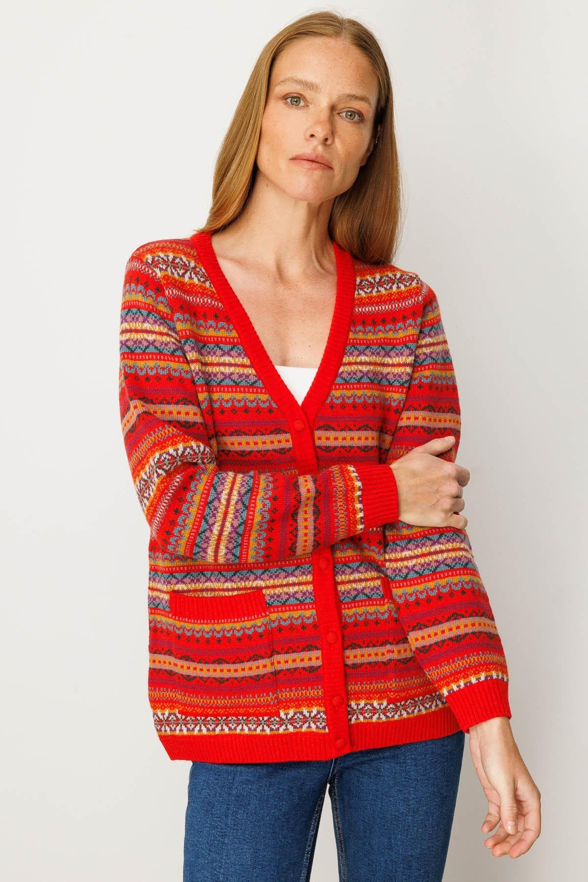 25101Kadın V Yaka Jakarlı Yün Hırka Mercan