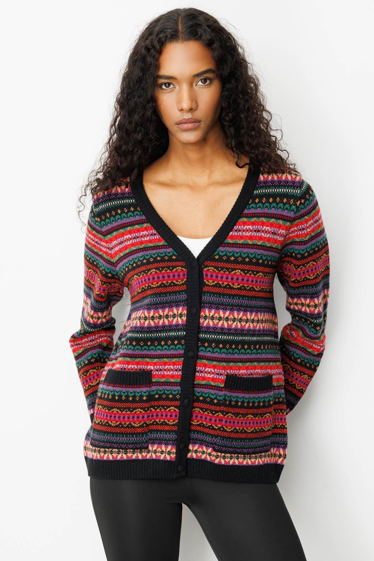 25101Kadın V Yaka Jakarlı Yün Hırka Siyah