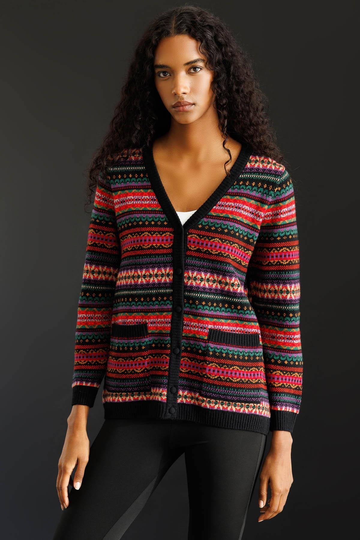 25101Kadın V Yaka Jakarlı Yün Hırka Siyah