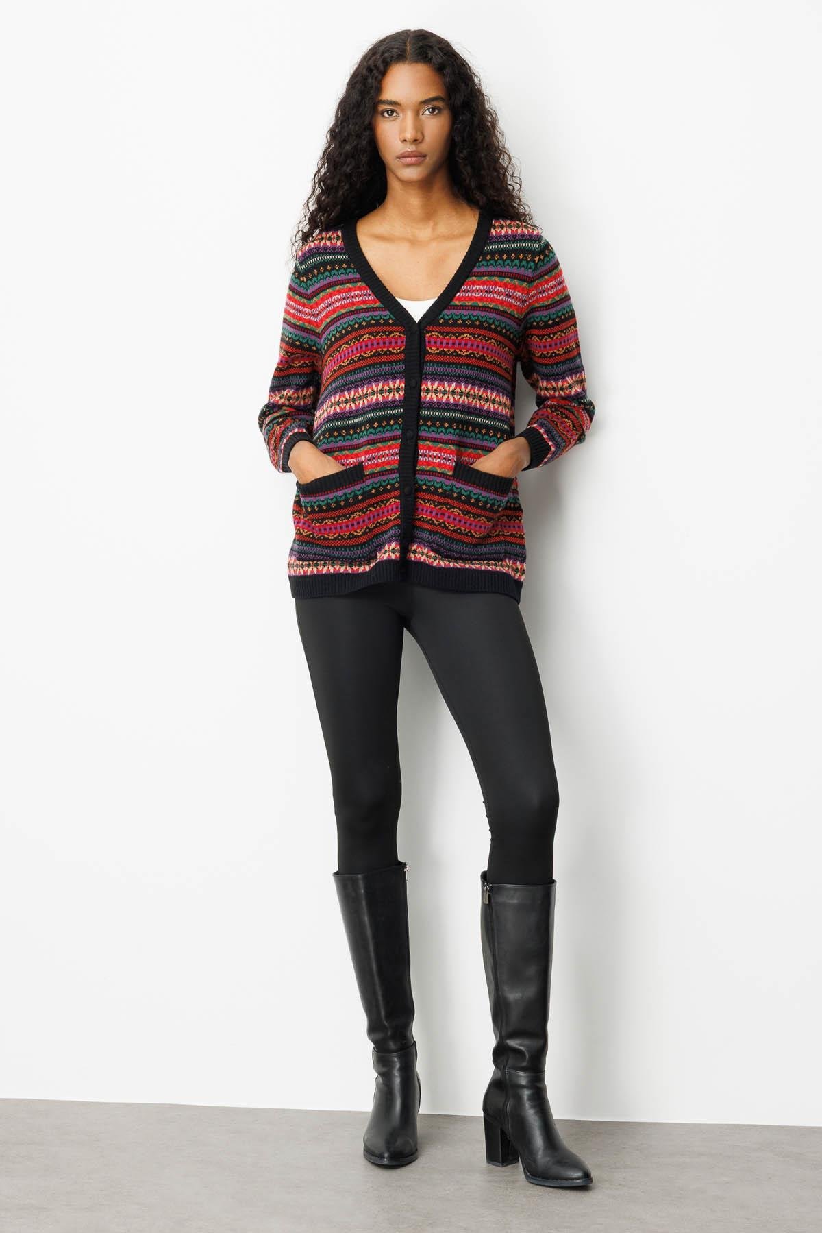 25101Kadın V Yaka Jakarlı Yün Hırka Siyah