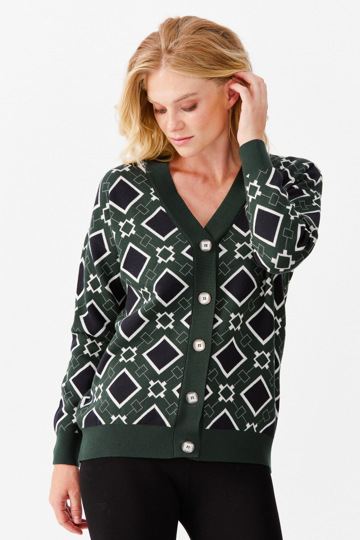 22310Женский жакет в клетку с V-образным вырезом, темно зеленый