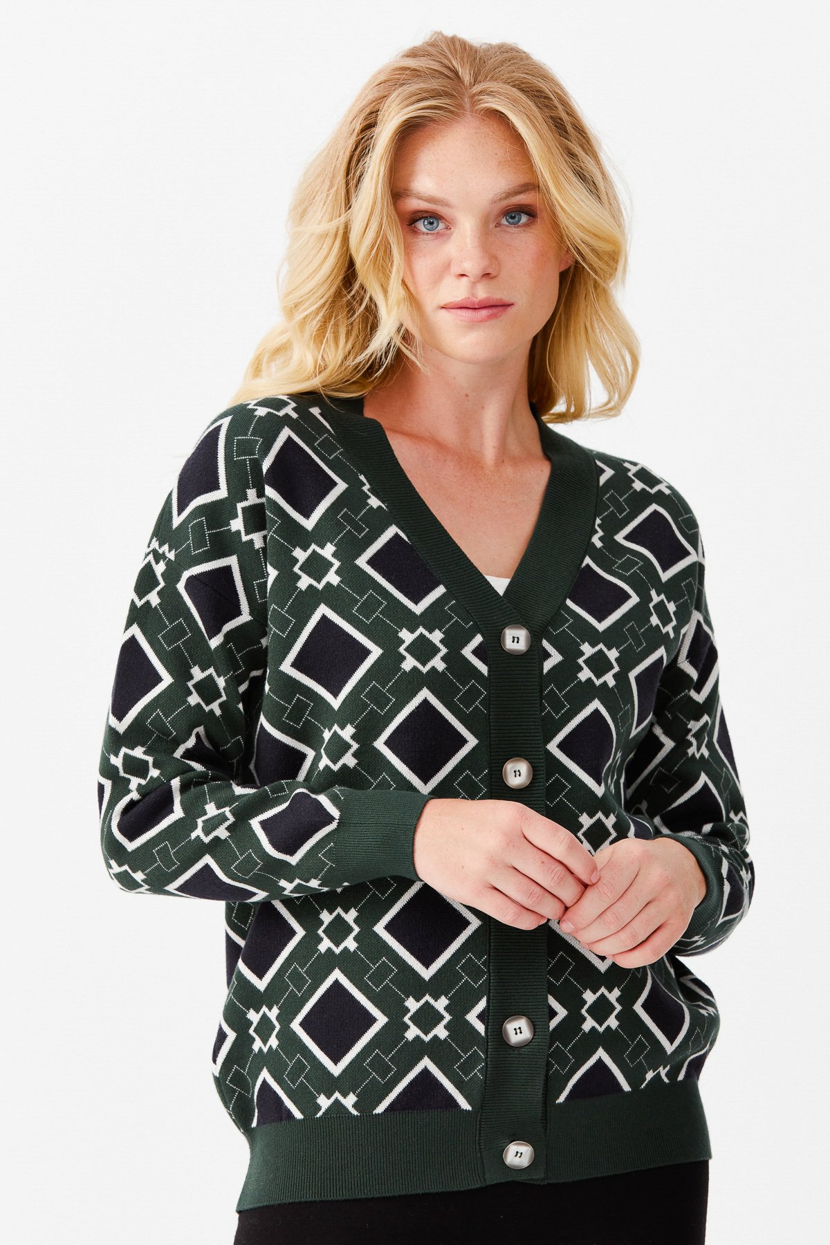 22310Женский жакет в клетку с V-образным вырезом, темно зеленый