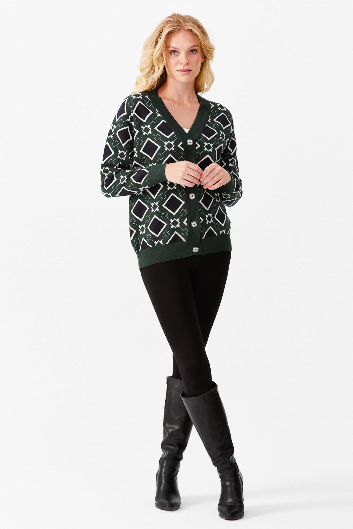 22310Женский жакет в клетку с V-образным вырезом, темно зеленый