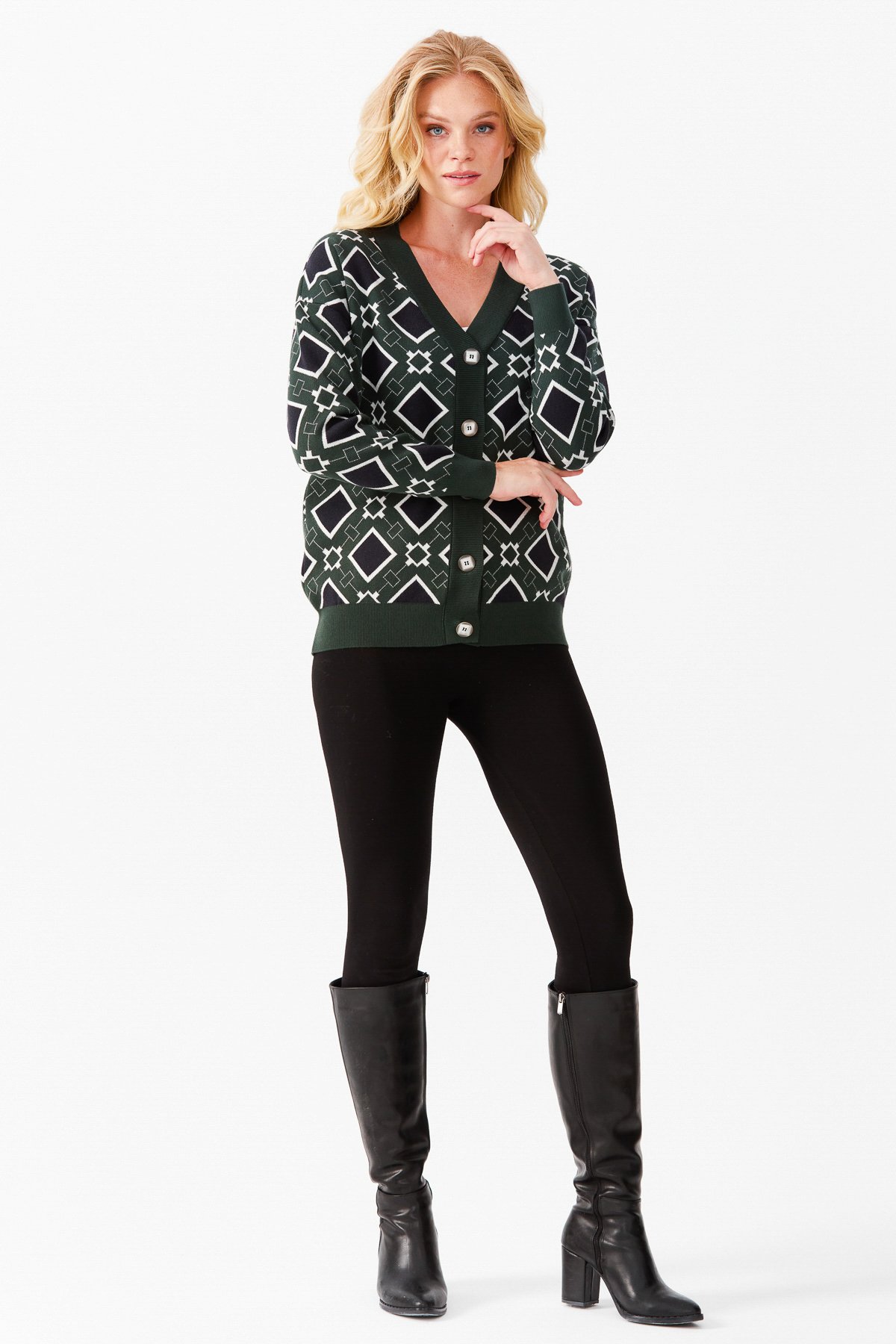 22310Женский жакет в клетку с V-образным вырезом, темно зеленый