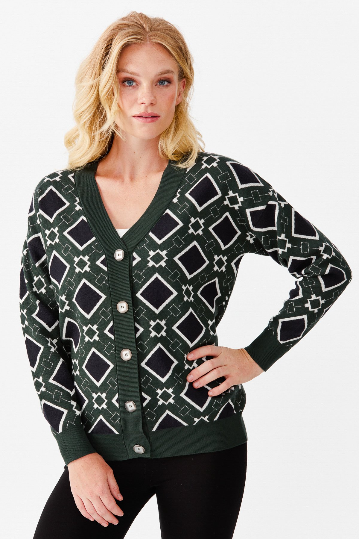 22310Женский жакет в клетку с V-образным вырезом, темно зеленый