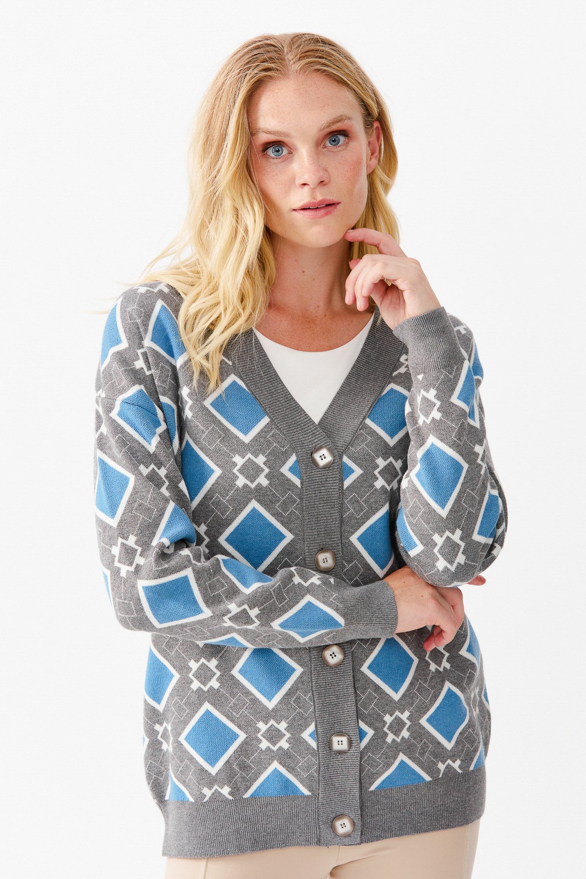 22310Женский жакет в клетку с V-образным вырезом, дымчатый