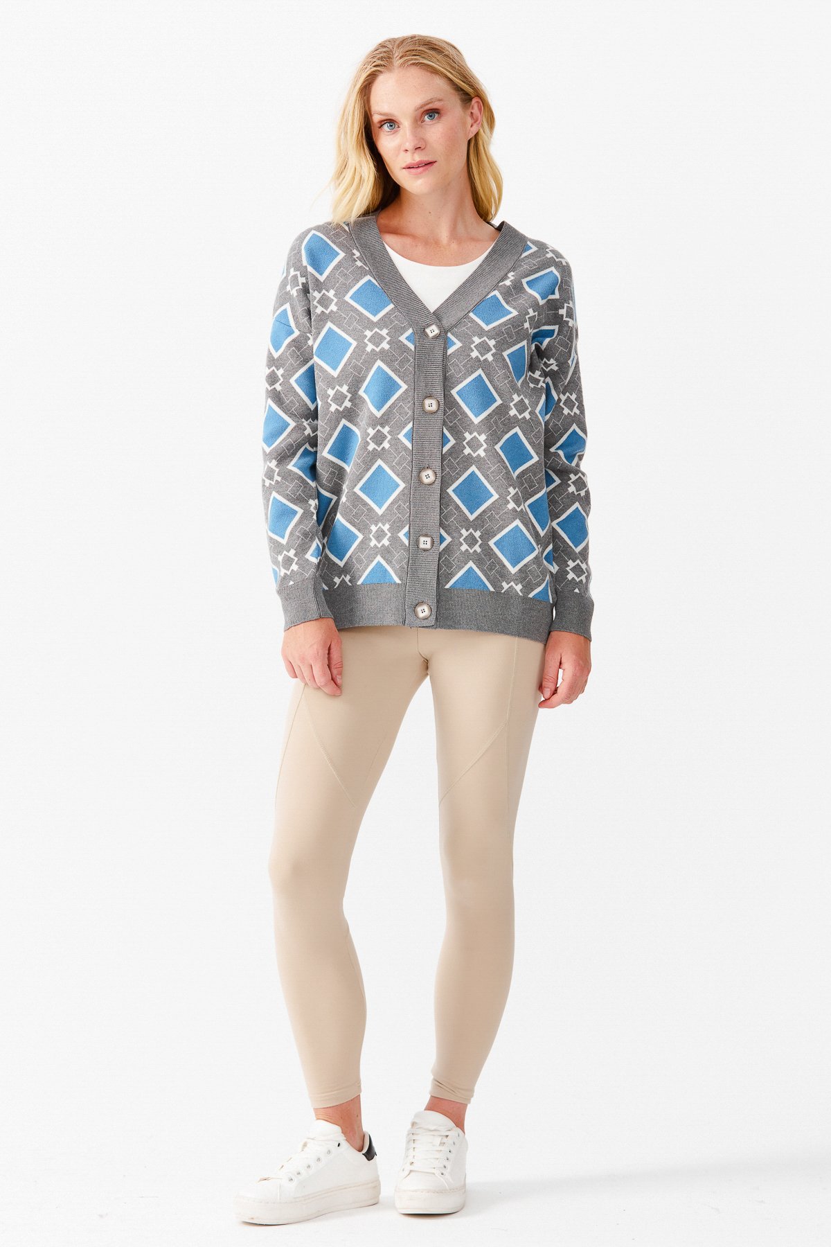 22310Женский жакет в клетку с V-образным вырезом, дымчатый