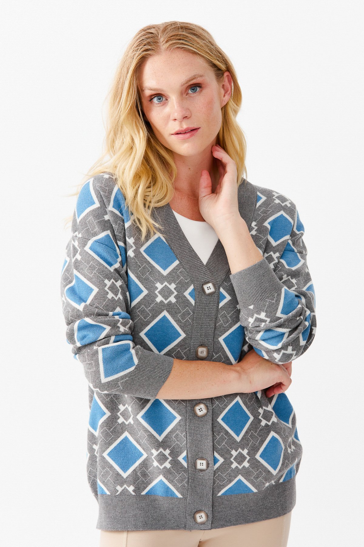 22310Женский жакет в клетку с V-образным вырезом, дымчатый