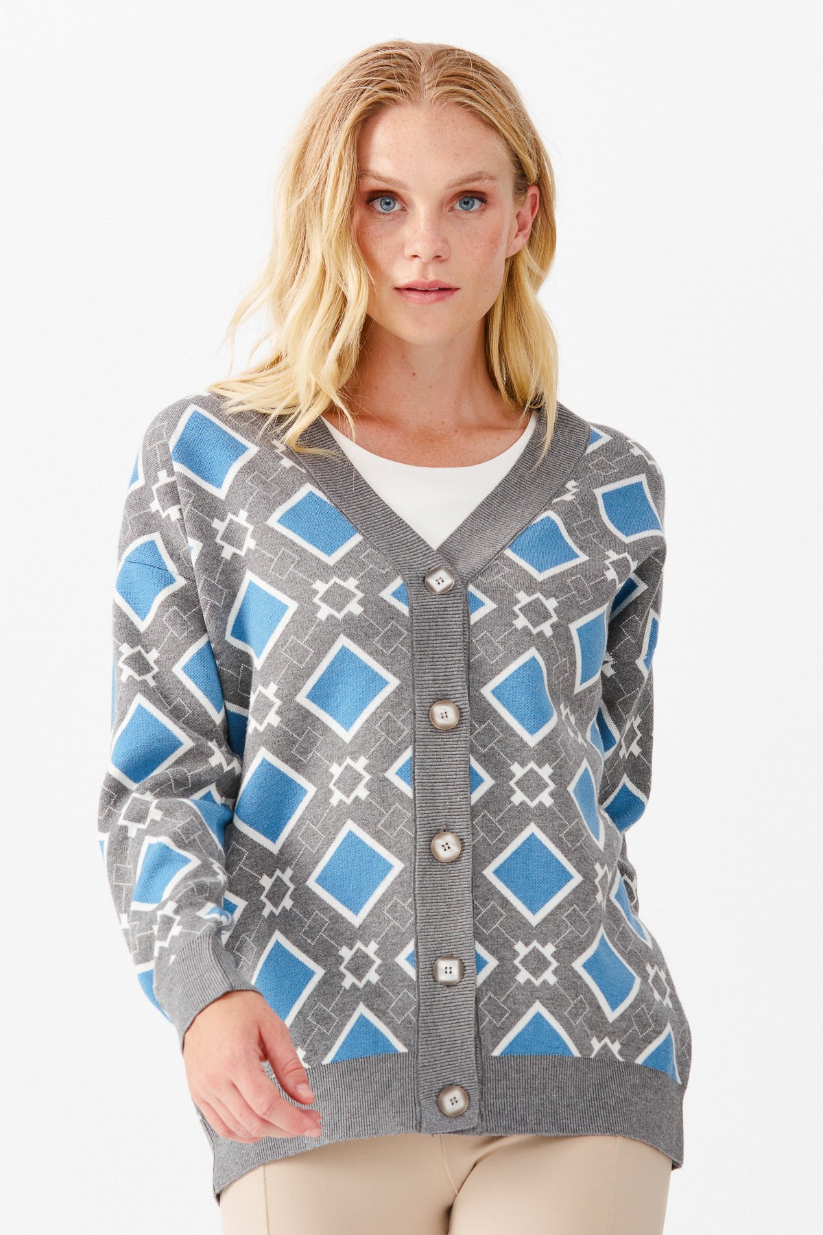 22310Женский жакет в клетку с V-образным вырезом, дымчатый