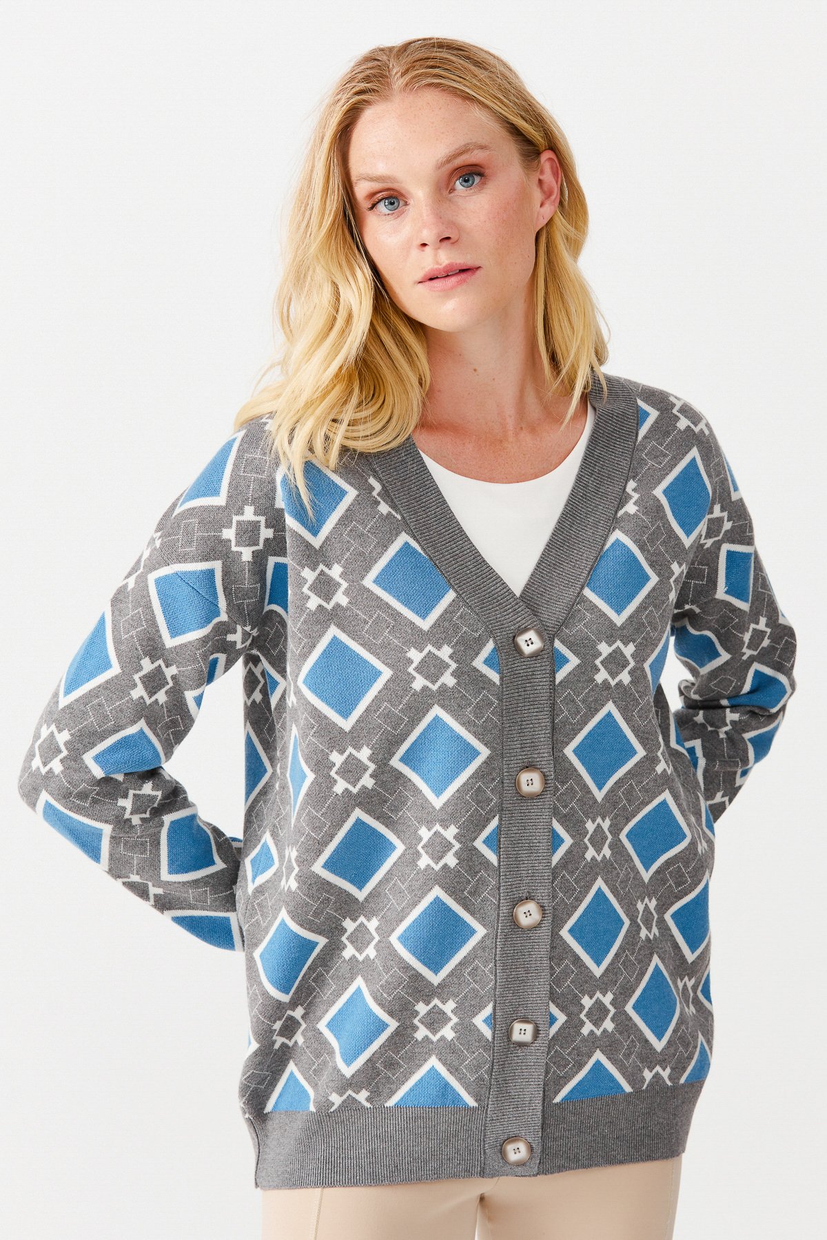 22310Женский жакет в клетку с V-образным вырезом, дымчатый