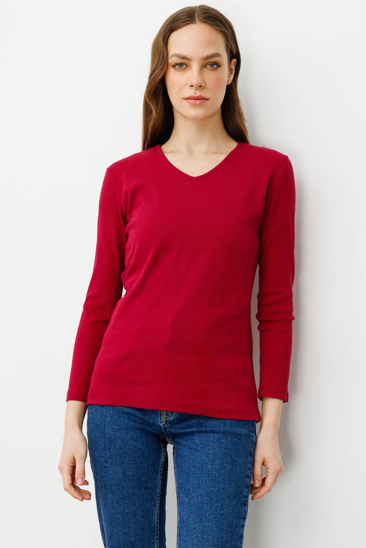 20794Kadın V Yaka Kaşkorse Penye Bluz Vişne