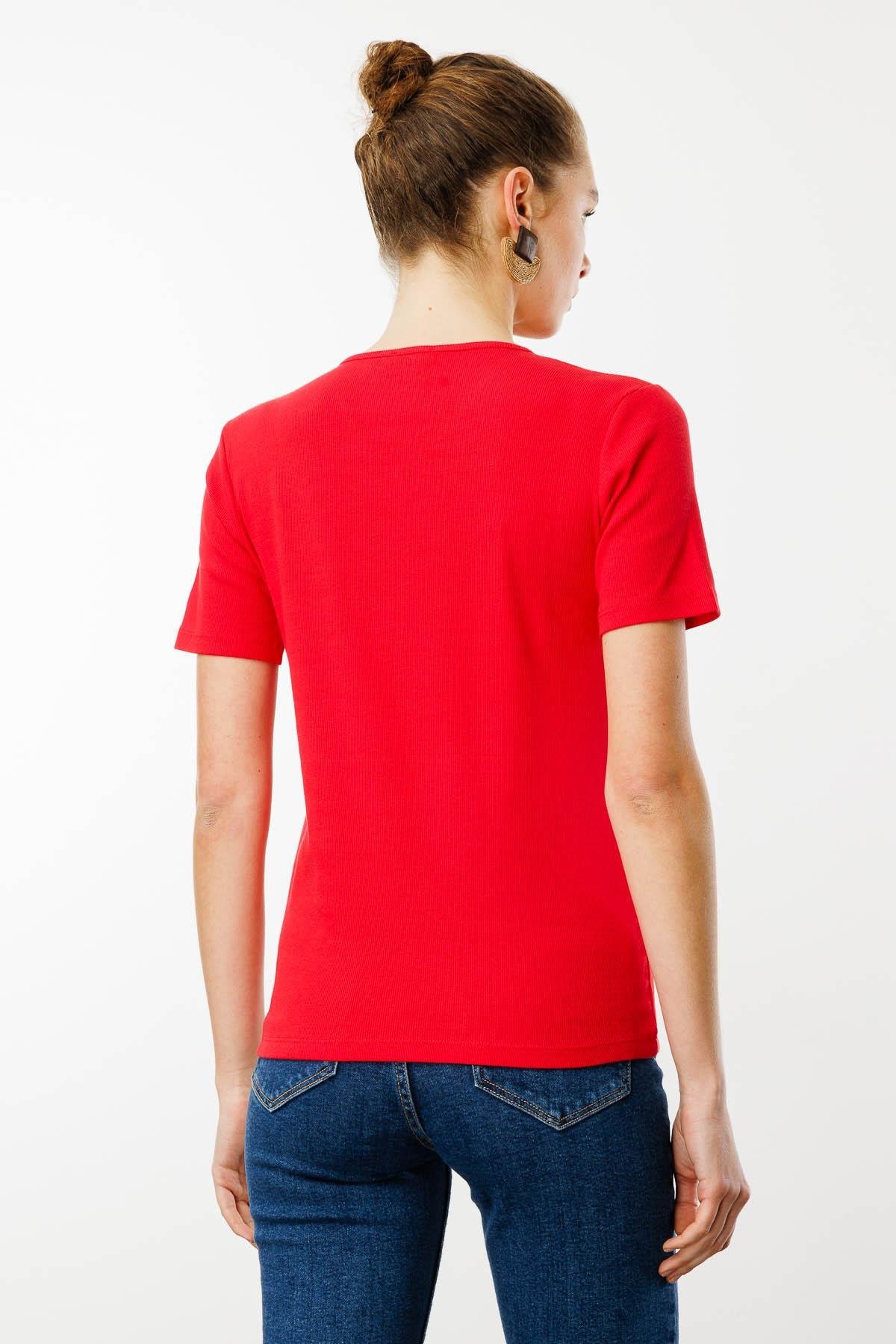 23753Kadın V Yaka Kaşkorse Pamuk T-shirt Kırmızı
