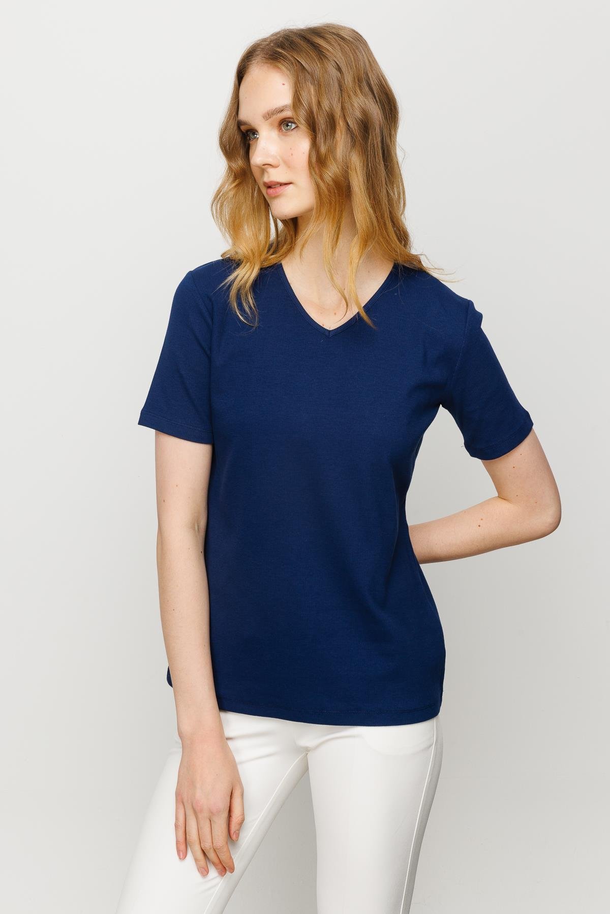 23753Kadın V Yaka Kaşkorse Pamuk T-shirt Lacivert