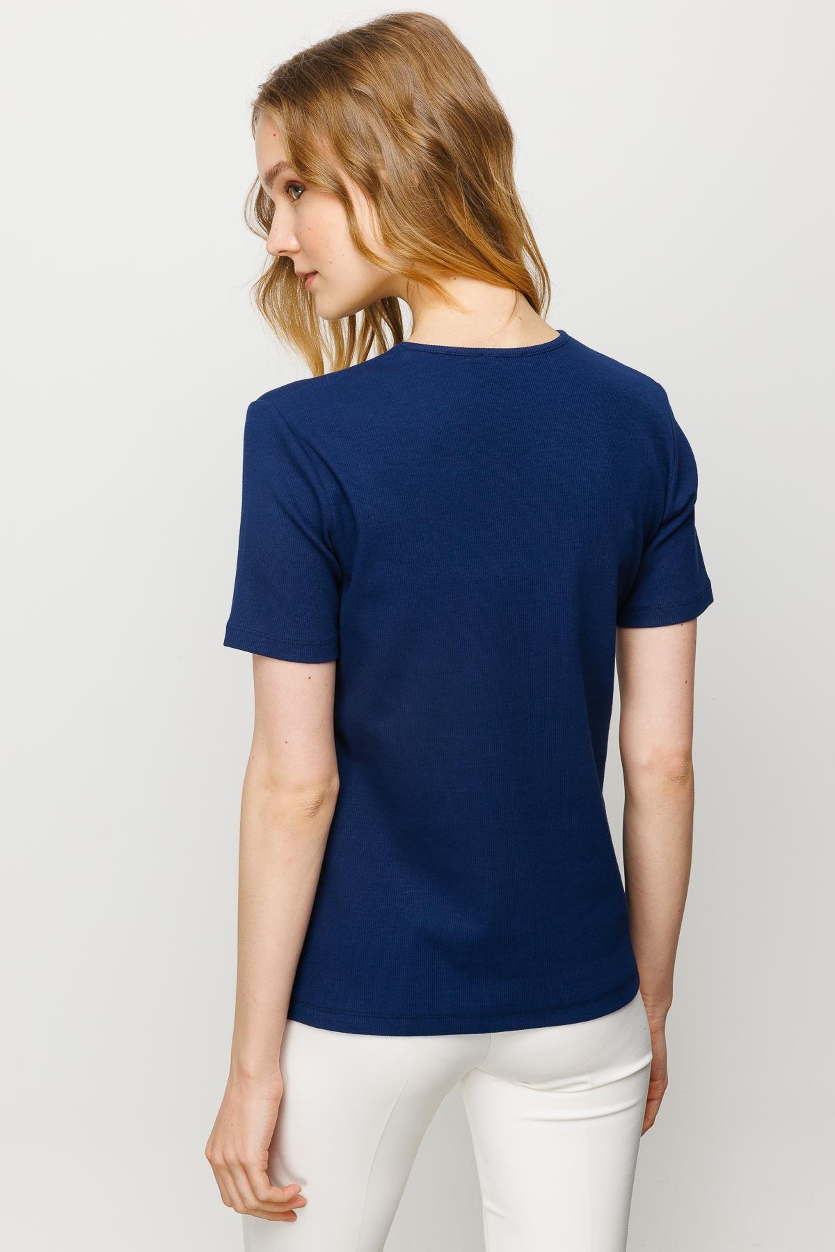 23753Kadın V Yaka Kaşkorse Pamuk T-shirt Lacivert