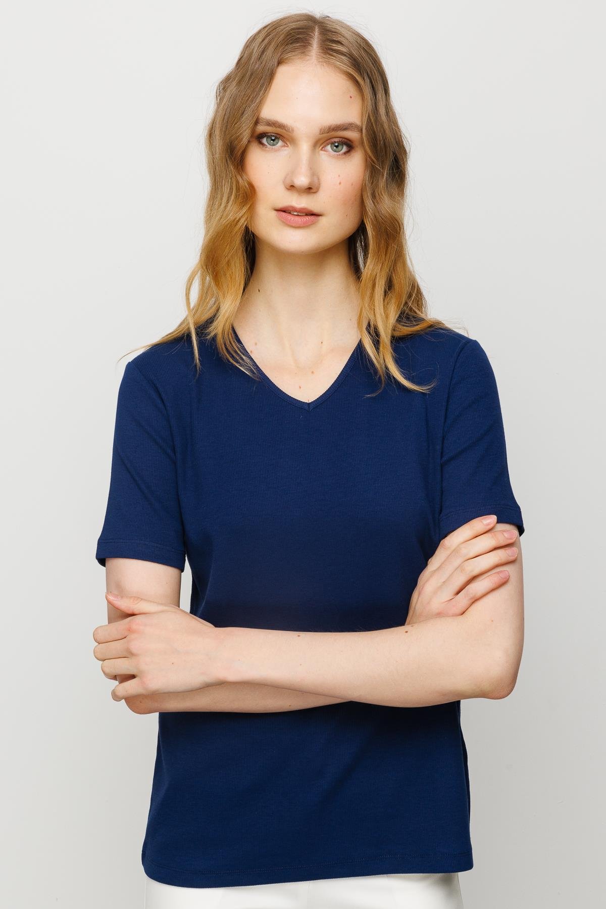 23753Kadın V Yaka Kaşkorse Pamuk T-shirt Lacivert