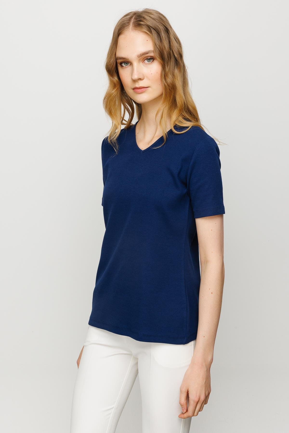 23753Kadın V Yaka Kaşkorse Pamuk T-shirt Lacivert