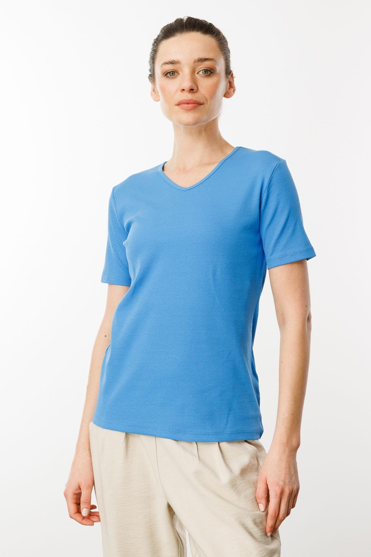 23753Kadın V Yaka Kaşkorse Pamuk T-shirt Mavi