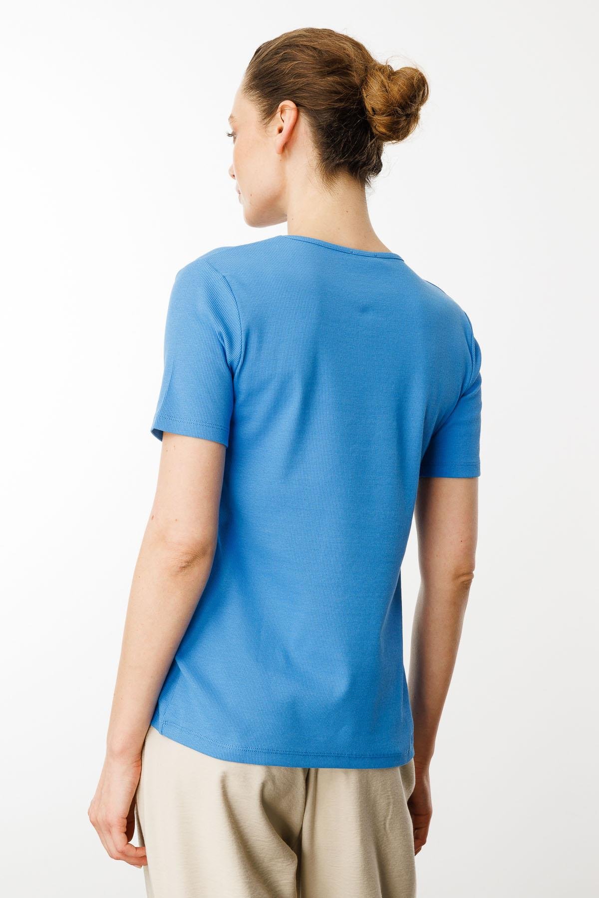 23753Kadın V Yaka Kaşkorse Pamuk T-shirt Mavi