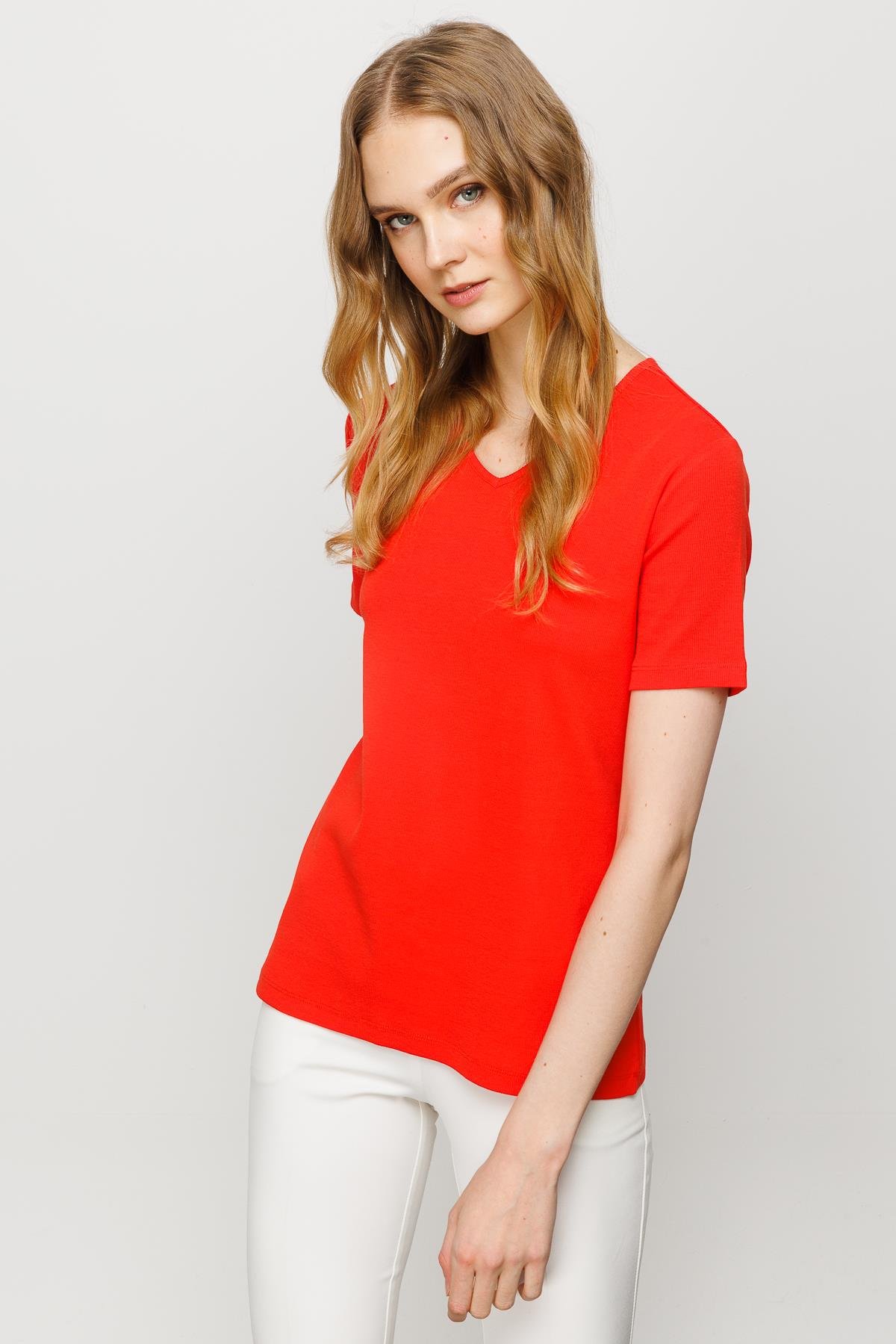 23753Kadın V Yaka Kaşkorse Pamuk T-shirt Oranj