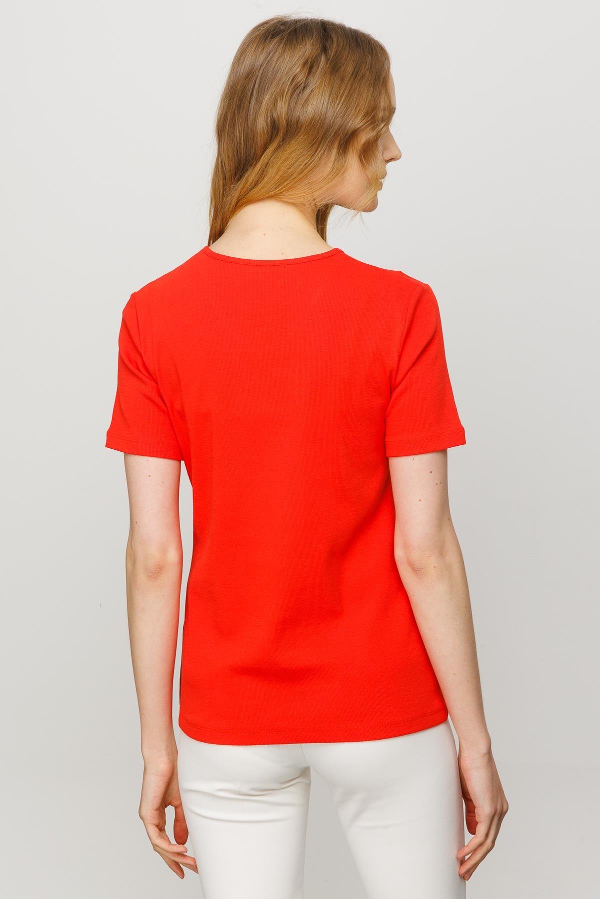 23753Kadın V Yaka Kaşkorse Pamuk T-shirt Oranj