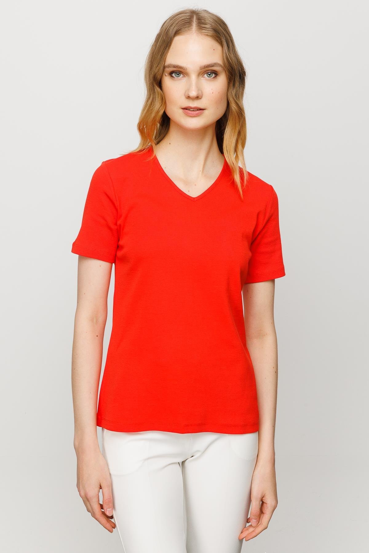 23753Kadın V Yaka Kaşkorse Pamuk T-shirt Oranj
