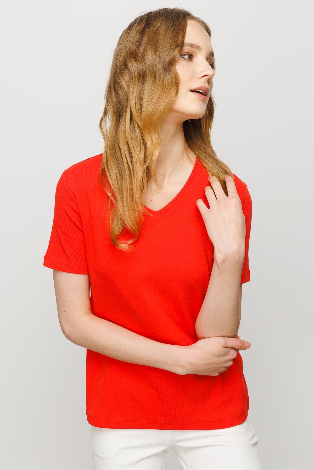 23753Kadın V Yaka Kaşkorse Pamuk T-shirt Oranj