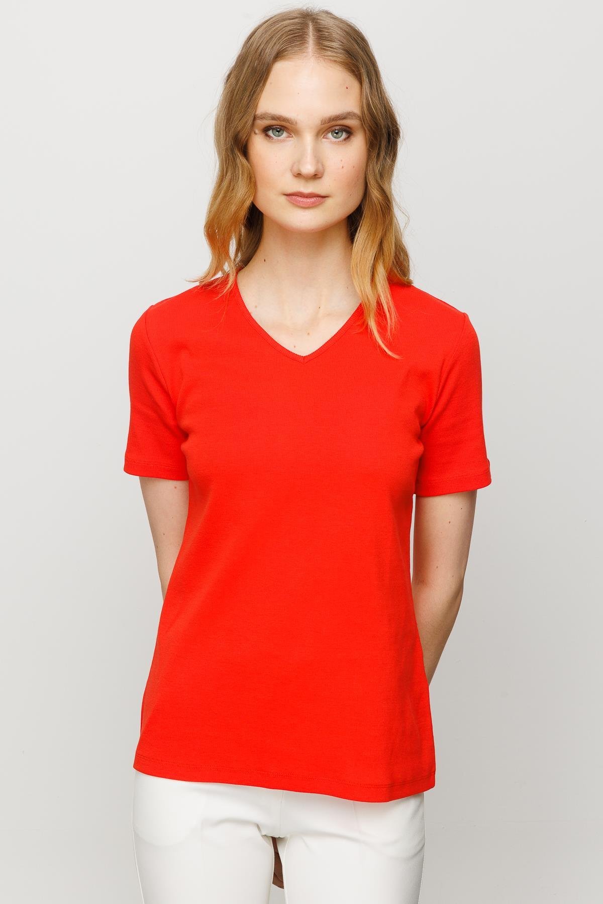23753Kadın V Yaka Kaşkorse Pamuk T-shirt Oranj