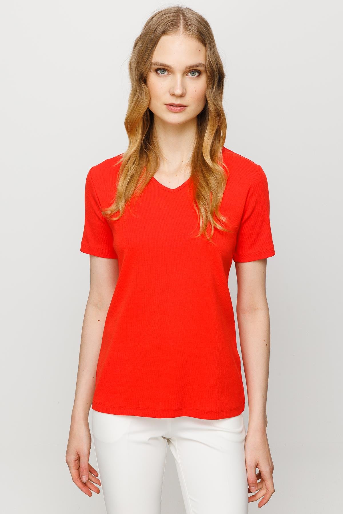 23753Kadın V Yaka Kaşkorse Pamuk T-shirt Oranj