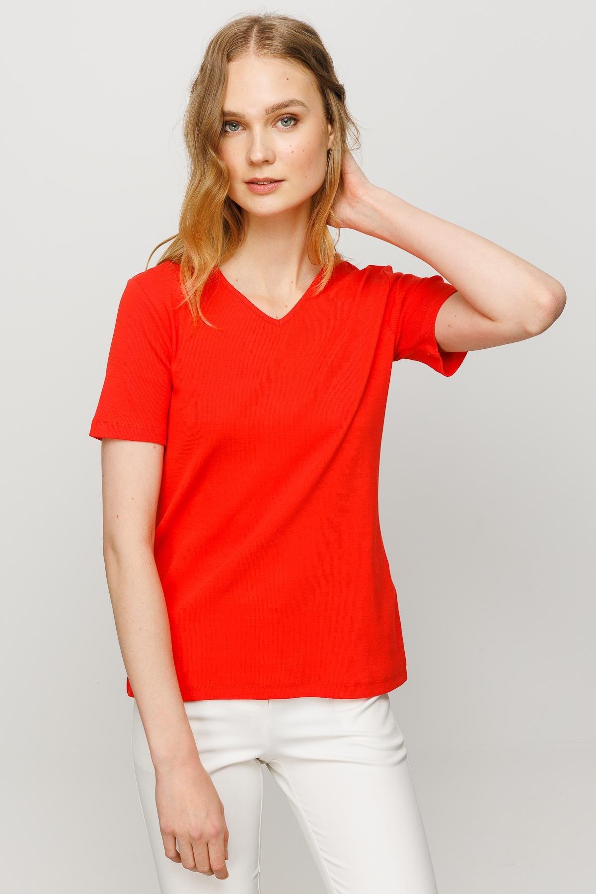 23753Kadın V Yaka Kaşkorse Pamuk T-shirt Oranj
