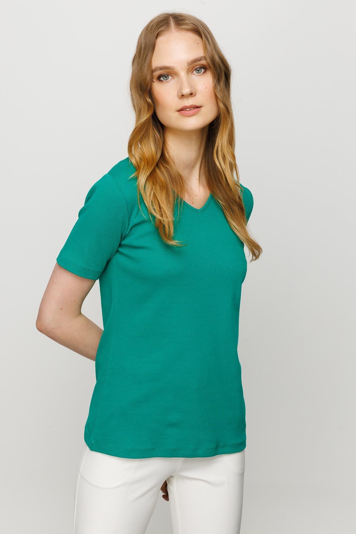23753Kadın V Yaka Kaşkorse Pamuk T-shirt Yeşil