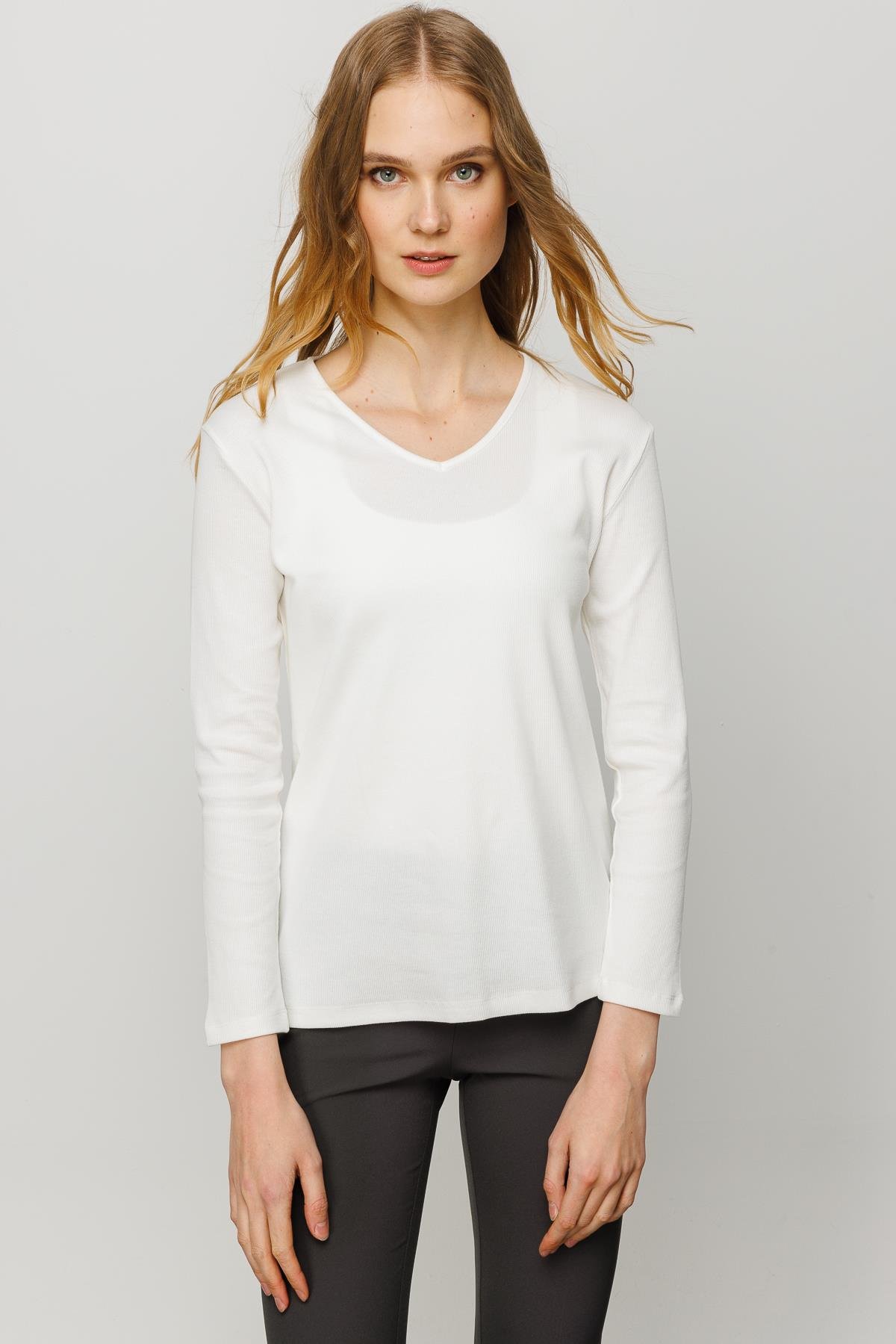 23754Kadın V Yaka Kaşkorse Pamuklu  Bluz Beyaz