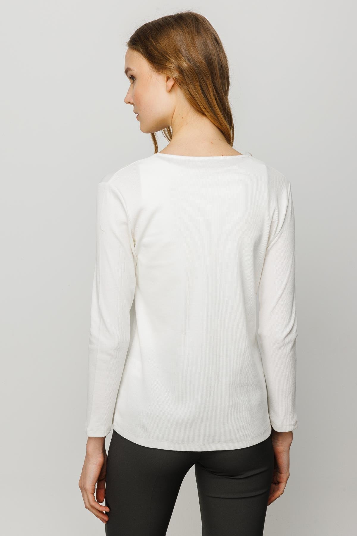 23754Kadın V Yaka Kaşkorse Pamuklu  Bluz Beyaz