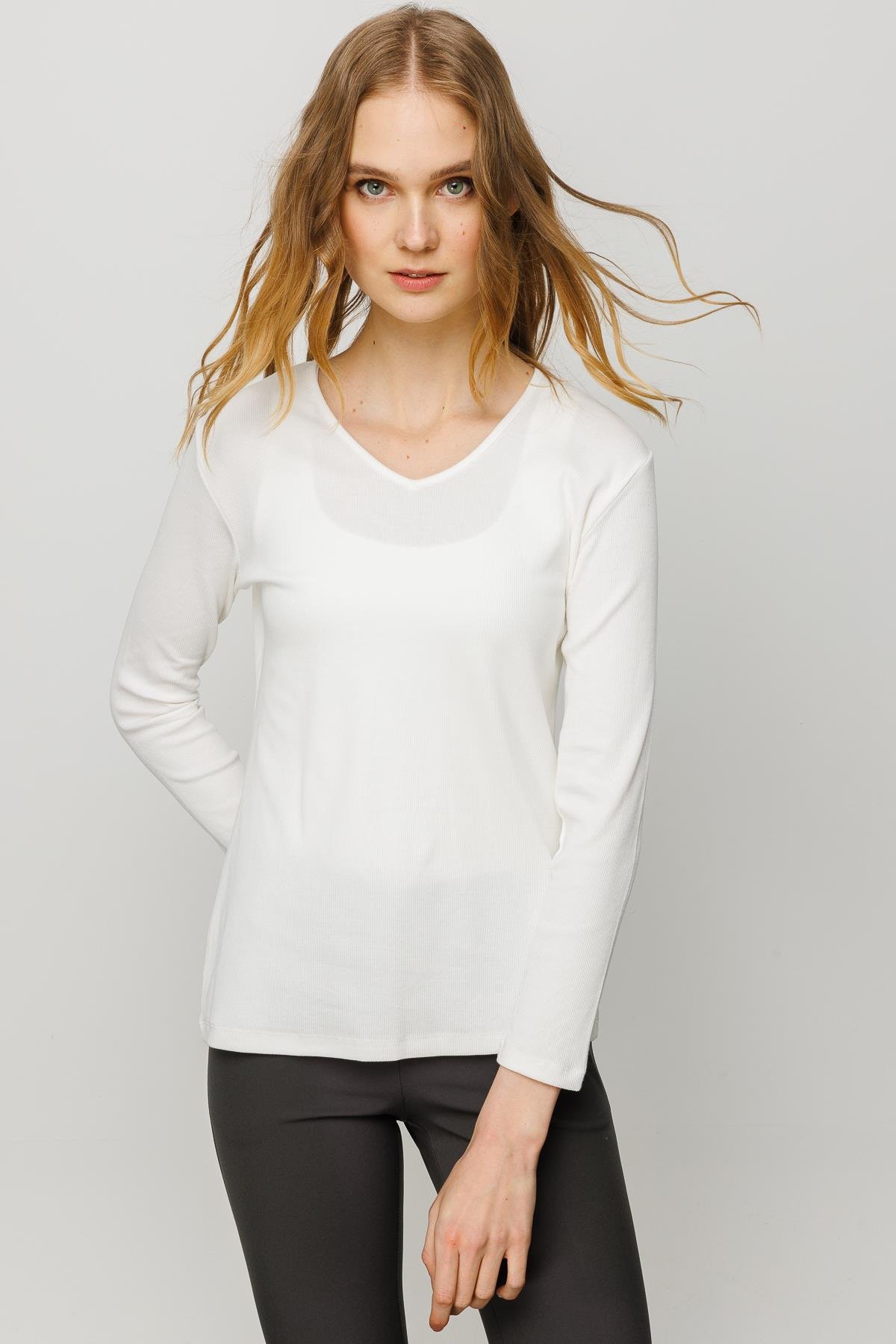 23754Kadın V Yaka Kaşkorse Pamuklu  Bluz Beyaz