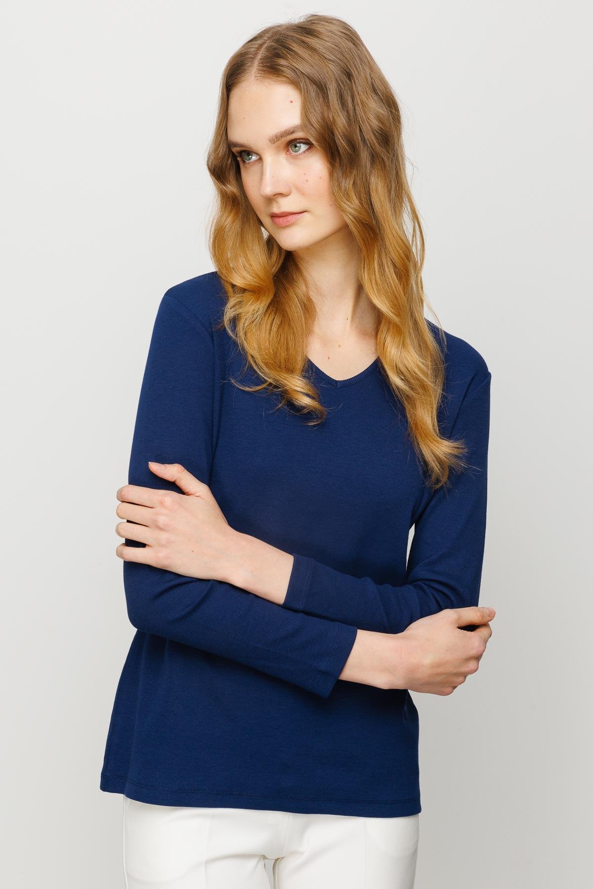 23754Kadın V Yaka Kaşkorse Pamuklu  Bluz Lacivert