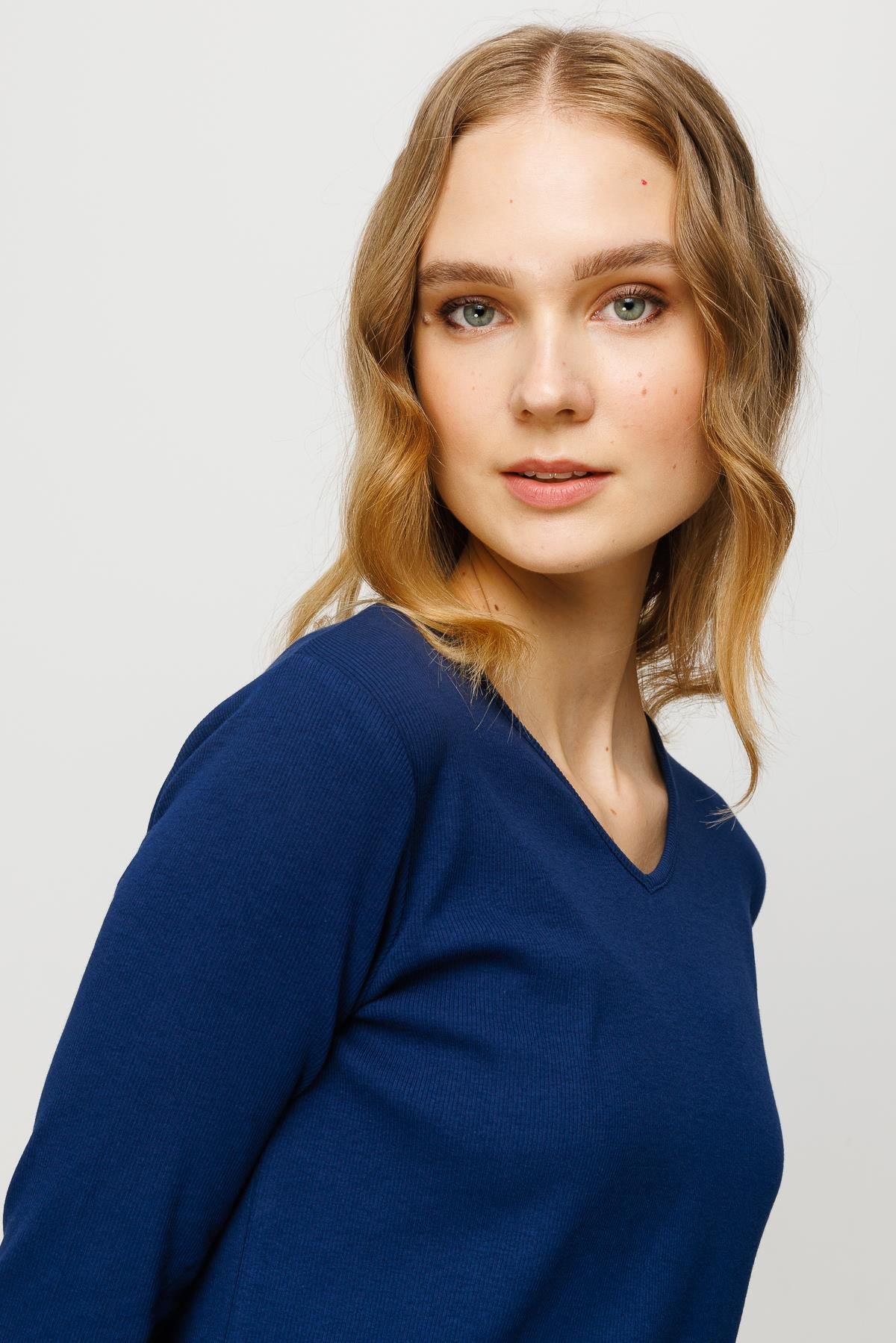 23754Kadın V Yaka Kaşkorse Pamuklu  Bluz Lacivert