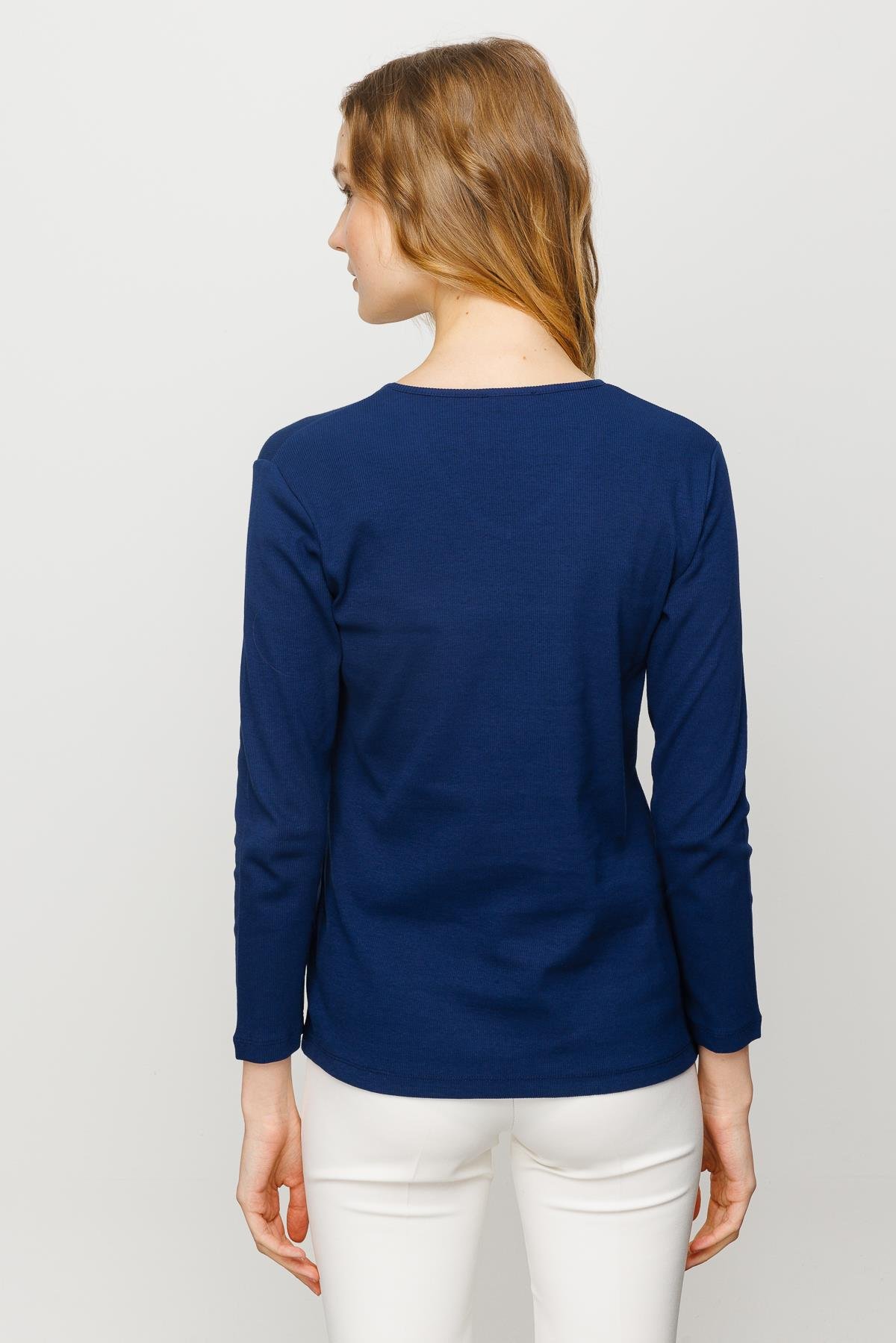 23754Kadın V Yaka Kaşkorse Pamuklu  Bluz Lacivert