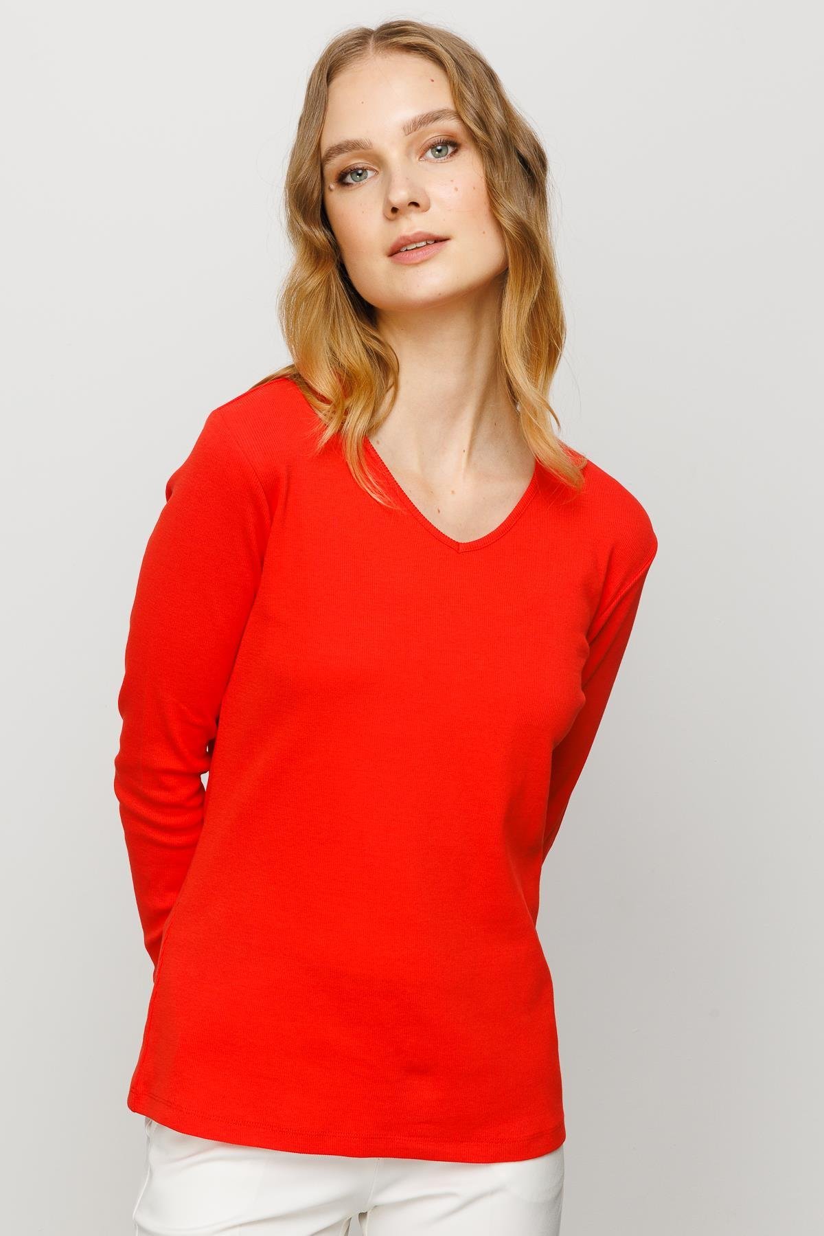 23754Kadın V Yaka Kaşkorse Pamuklu  Bluz Oranj