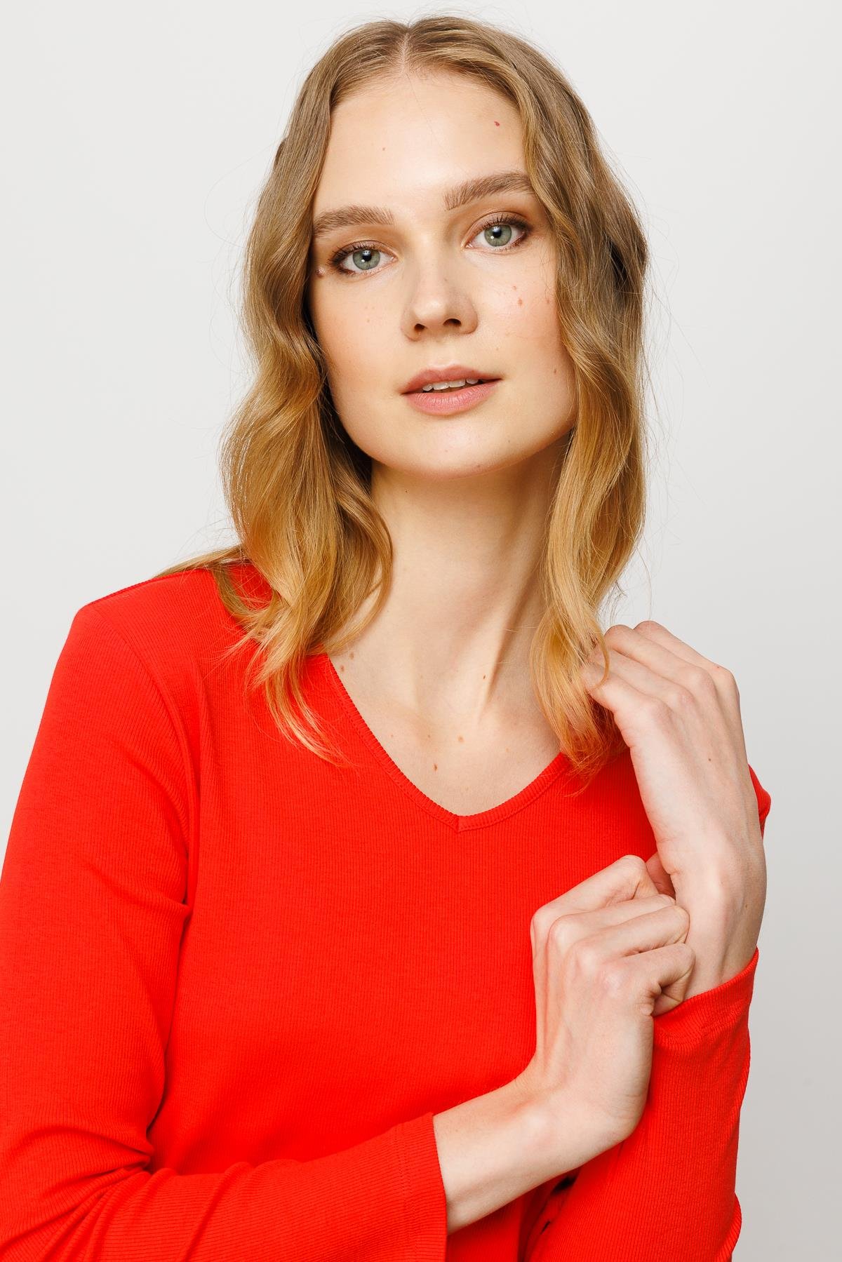 23754Kadın V Yaka Kaşkorse Pamuklu  Bluz Oranj