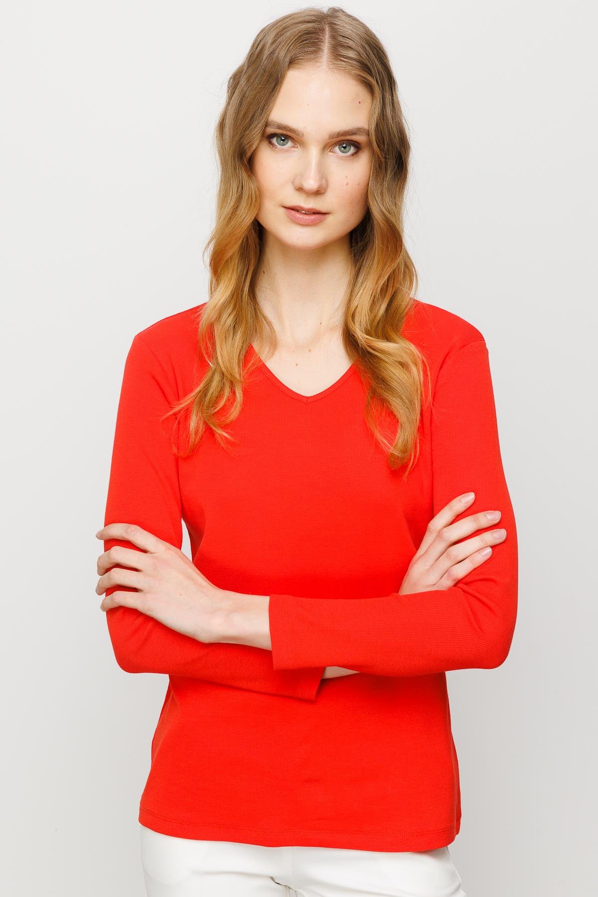 23754Kadın V Yaka Kaşkorse Pamuklu  Bluz Oranj