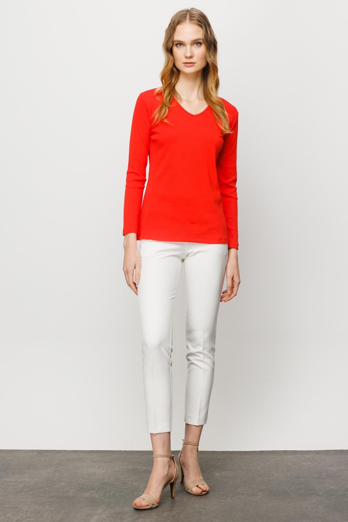 23754Kadın V Yaka Kaşkorse Pamuklu  Bluz Oranj