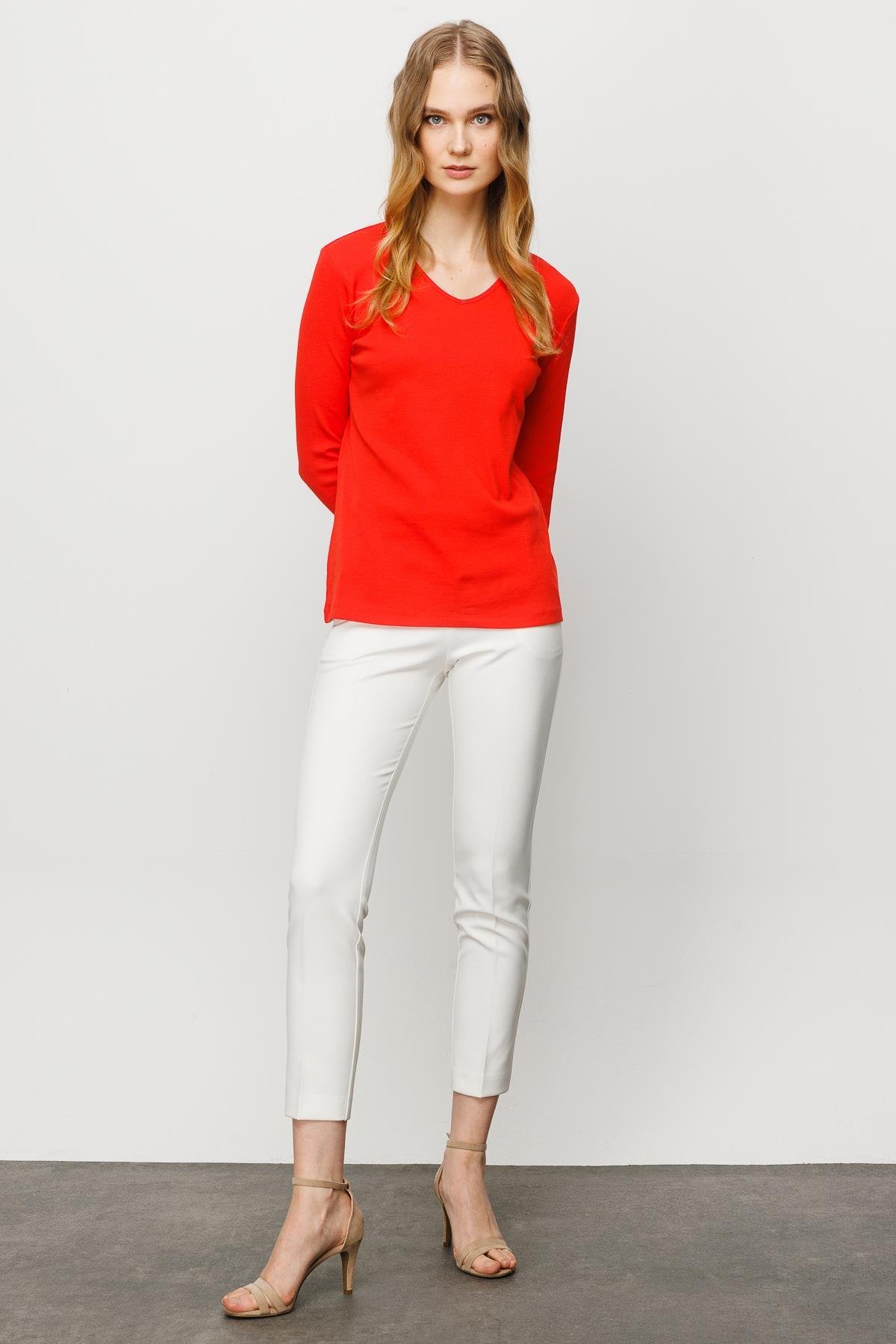 23754Kadın V Yaka Kaşkorse Pamuklu  Bluz Oranj